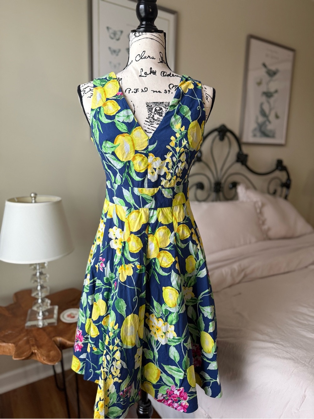 Betsey Johnson Navy Lemon Floral V-Neck Fit & Flare Dress